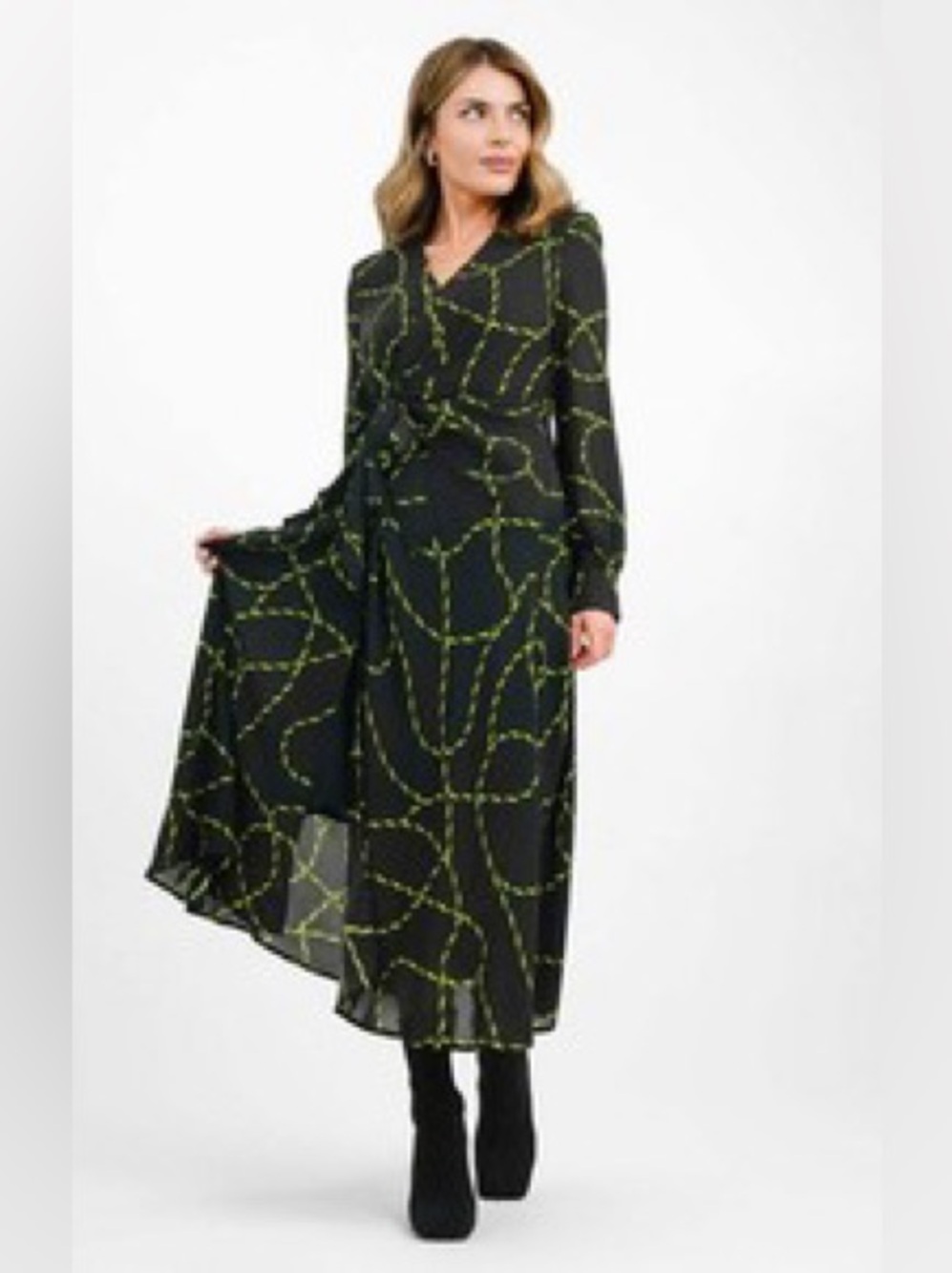 Urban Revivo Womens Black Chain Print Midi Dress Wrap Ruched Long Sleeves S NEW